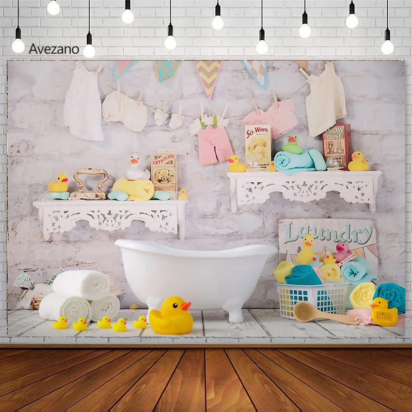 Avezano Baby Shower Backdrop Interior White Wall Bathtub Ducks Newborn Milk Bath Photography Background For Photo Props