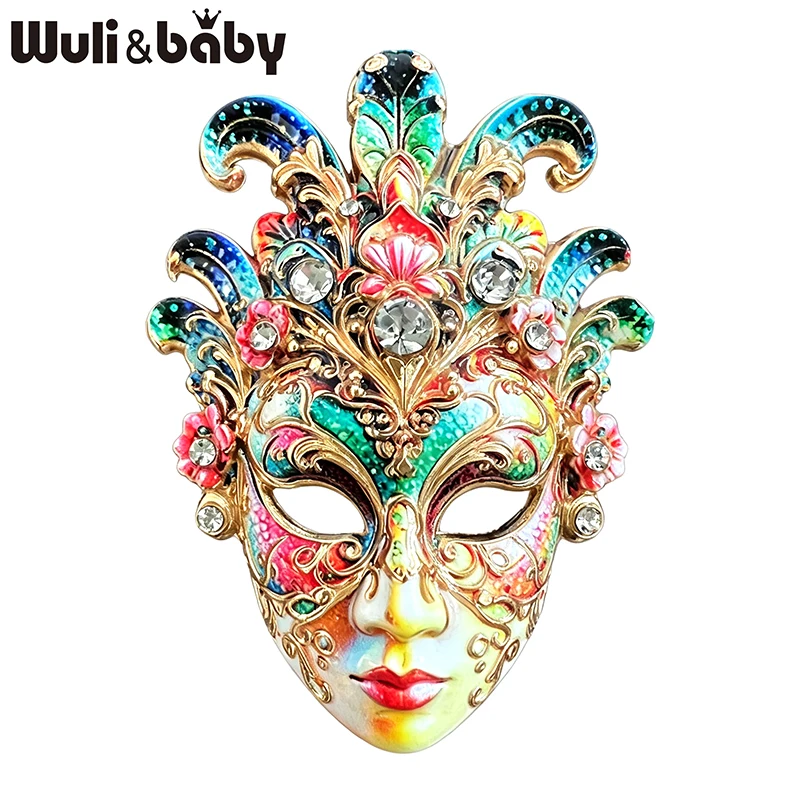 Wuli&baby Vintage Mask Brooches For Women Unisex 4-color Rhinestone Charming Beauty Character Face Party Brooch Pins Gifts