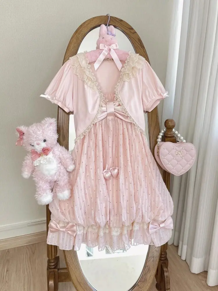 Sweet Summer New Shawl Bow Lace Short Sleeve Suspender Dress Two-piece Set Vintage Pink Polka Dot Flower Bud Kawaii Dresses New view 2