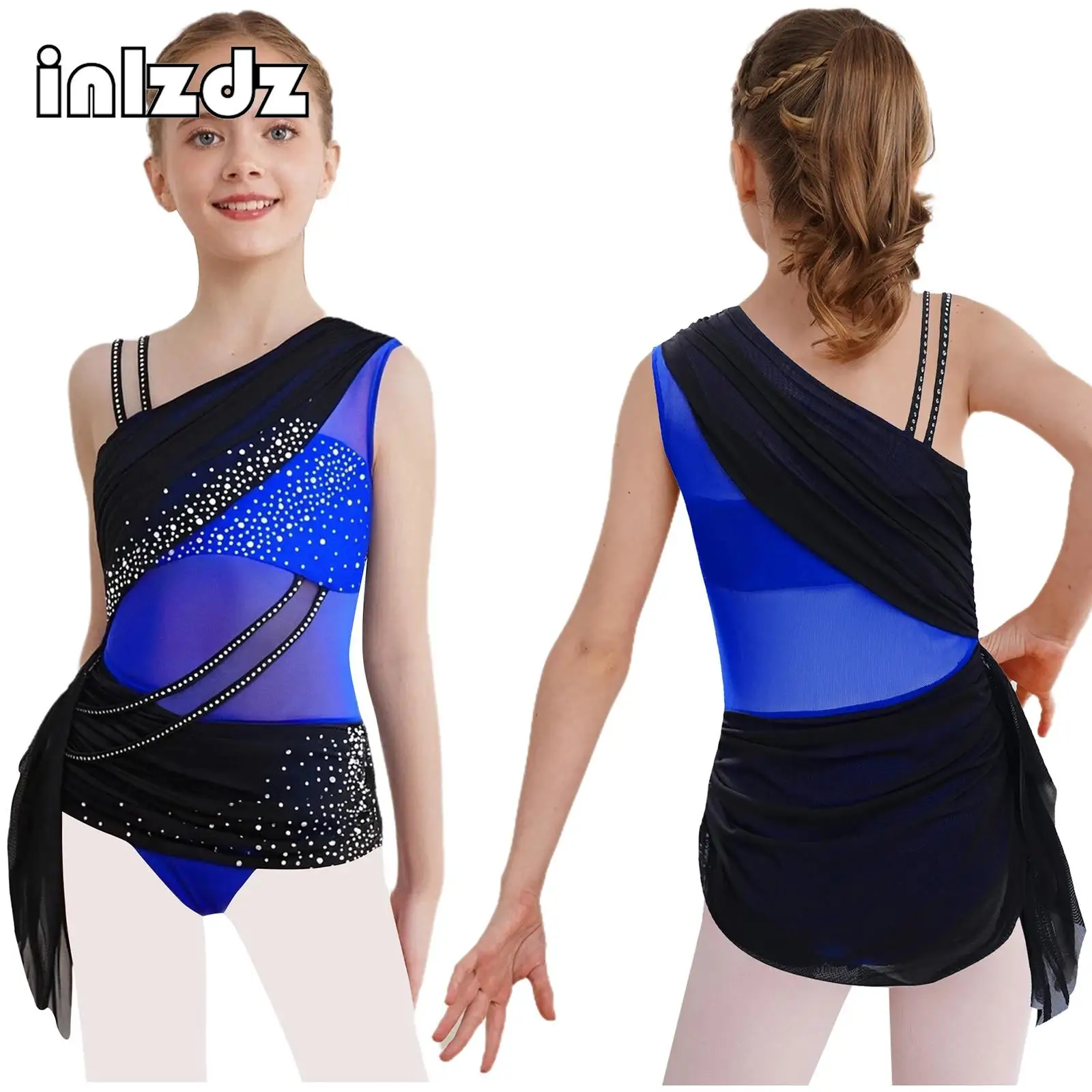 

Kid Girl Asymmetrical Rhinestones Mesh Leotard Lyrical Modern Dance Costume Figure Skating Rhythmic Gymnastics Dress Dancewear