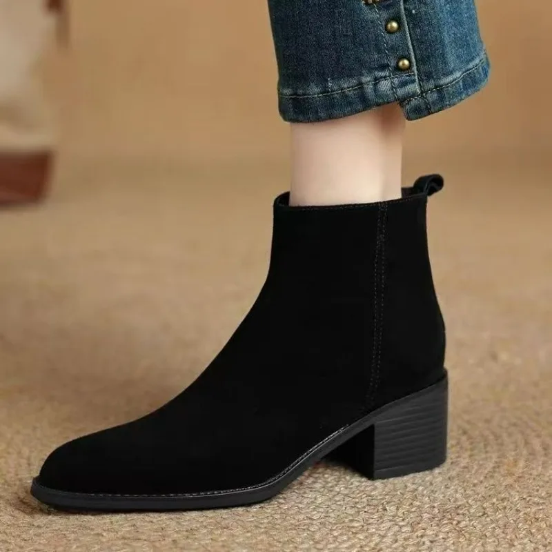 High Quality Faux Suede Ankle Boots Pointed Toe Thick Bottom Winter Warm Fleece Mid Heel Comfort Wedges Fashion Boot Botas Mujer