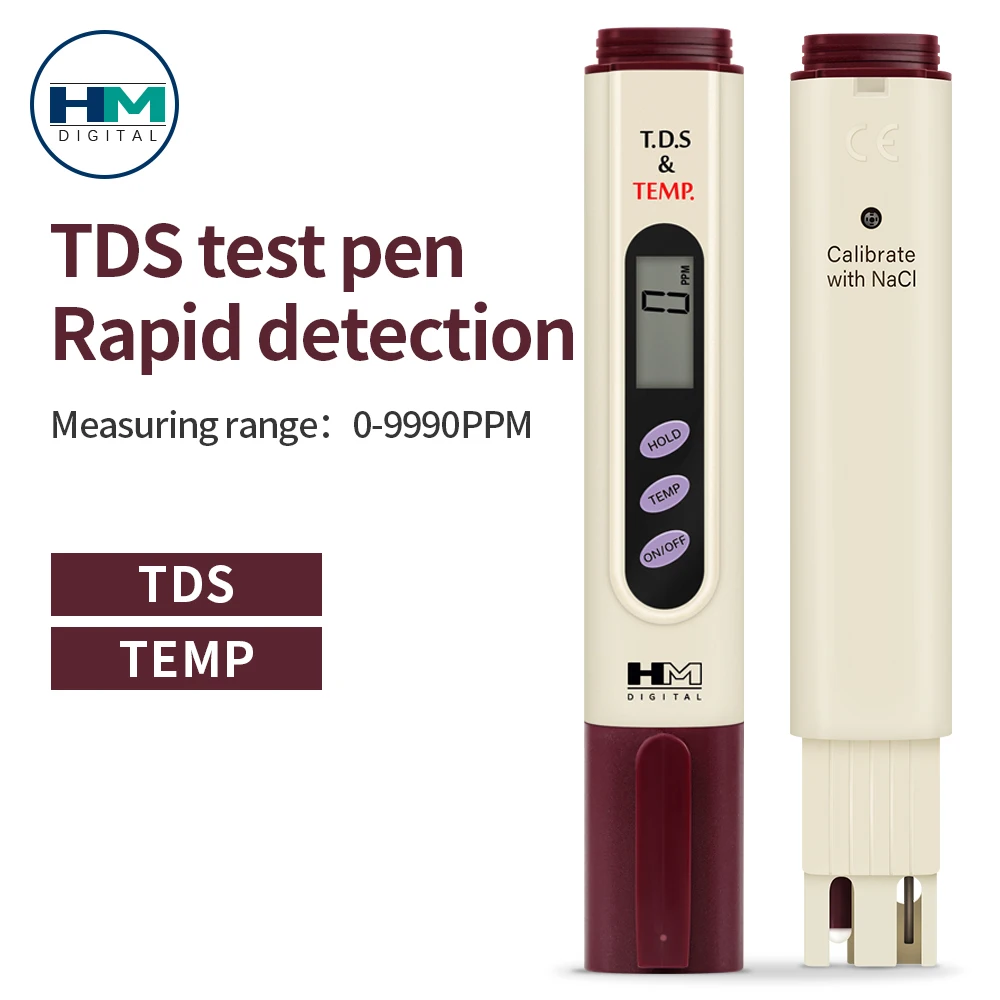

HM TDS Meter Water Quality Tester Pen Drinking Water TDS Temp Meter 0-9990ppm 0-80℃ Water Quality Detector With LCD Screen