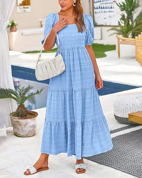 Vestido Midi holgado de manga corta con bolsillos, vestido de verano de Color liso con mangas abullonadas y cuello cuadrado