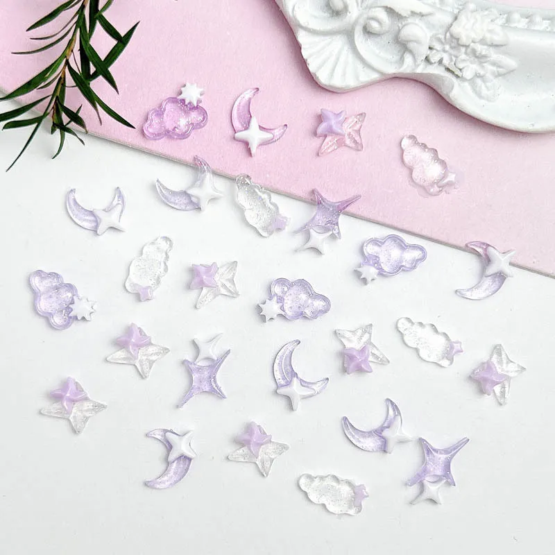 50PCS Transparent Resin Moon Cloud Nail Art Charms with White Purple Sparkling Four-pointed Star Nail Decoration DIY Nail Crafts