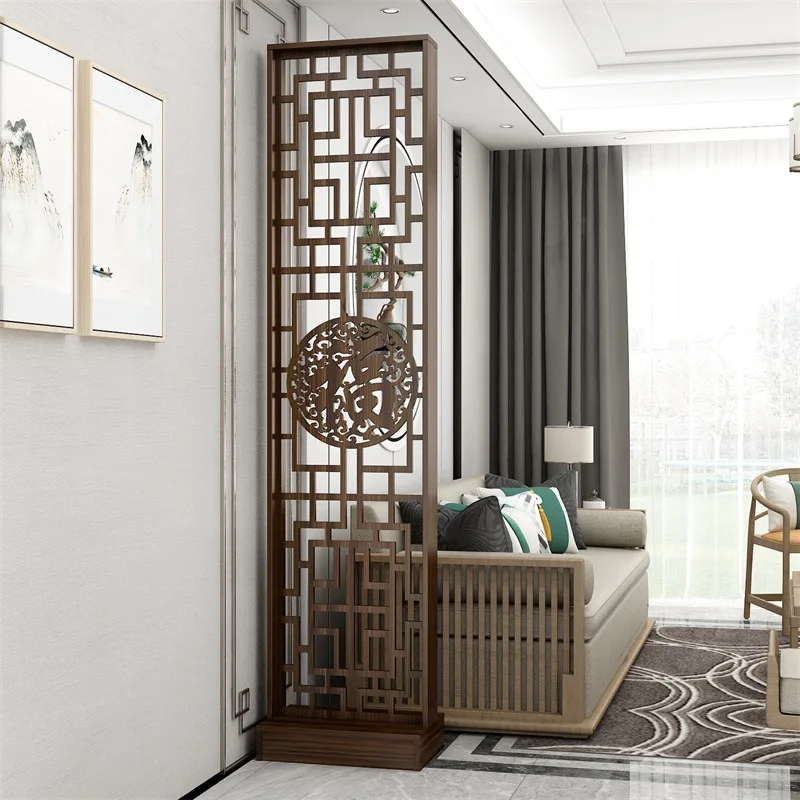 New Chinese style Fu character simple and fashionable living room solid wood screen partition entrance door log color entrance