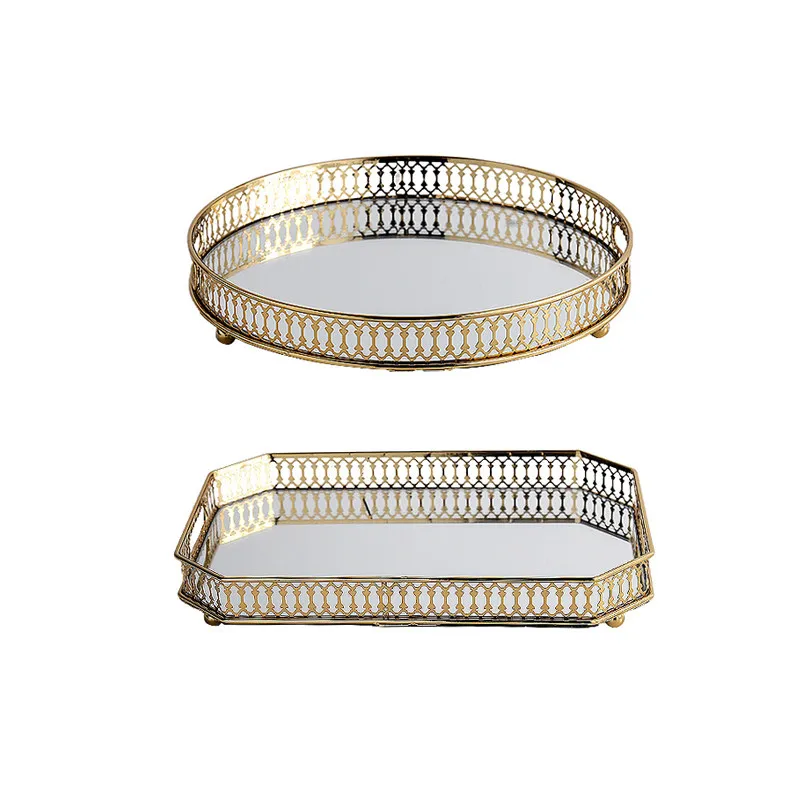 For Metal Glass Storage Tray, Hollow Electroplated Mirror Base, Light Luxury Decorative Plate for Living Room