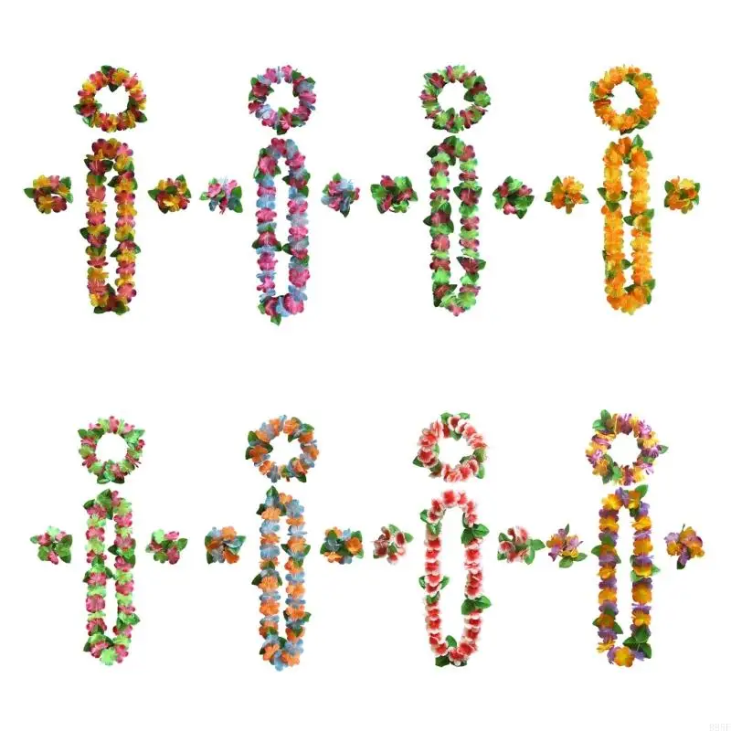 

B95F Hawaiian Luaus Leis Luaus Party Supplies Hulas Garland Necklaces Bracelets Headband for Beach Theme Party Decors