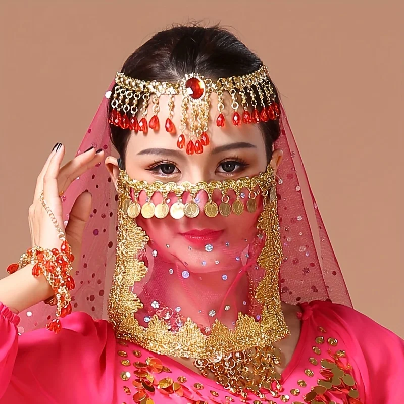 Women\'s Performance Mask Belly Dance Coin Covering Face Mask Exotic Western Region Style Cosmaly Dance Decoration Props