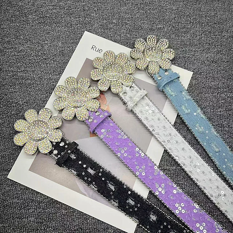 

Уникальный дизайн, джинсовая ткань с заклепками, джинсовые ремни, синие стразы, цветочная пряжка, поясные ремни, женские ремни с блестками в стиле рок, Ceinture Pour Femme