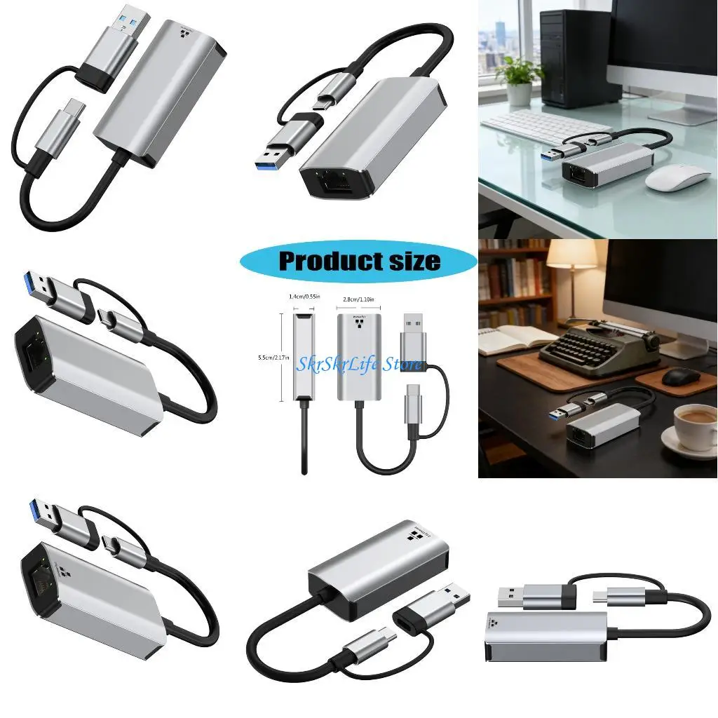 

E65E Networking Adapter for Stable Internet USB to RJ45 Double Port USB A and C 2.5Gbps 1Gbps Plugs and Play Fast Speed Ethernet