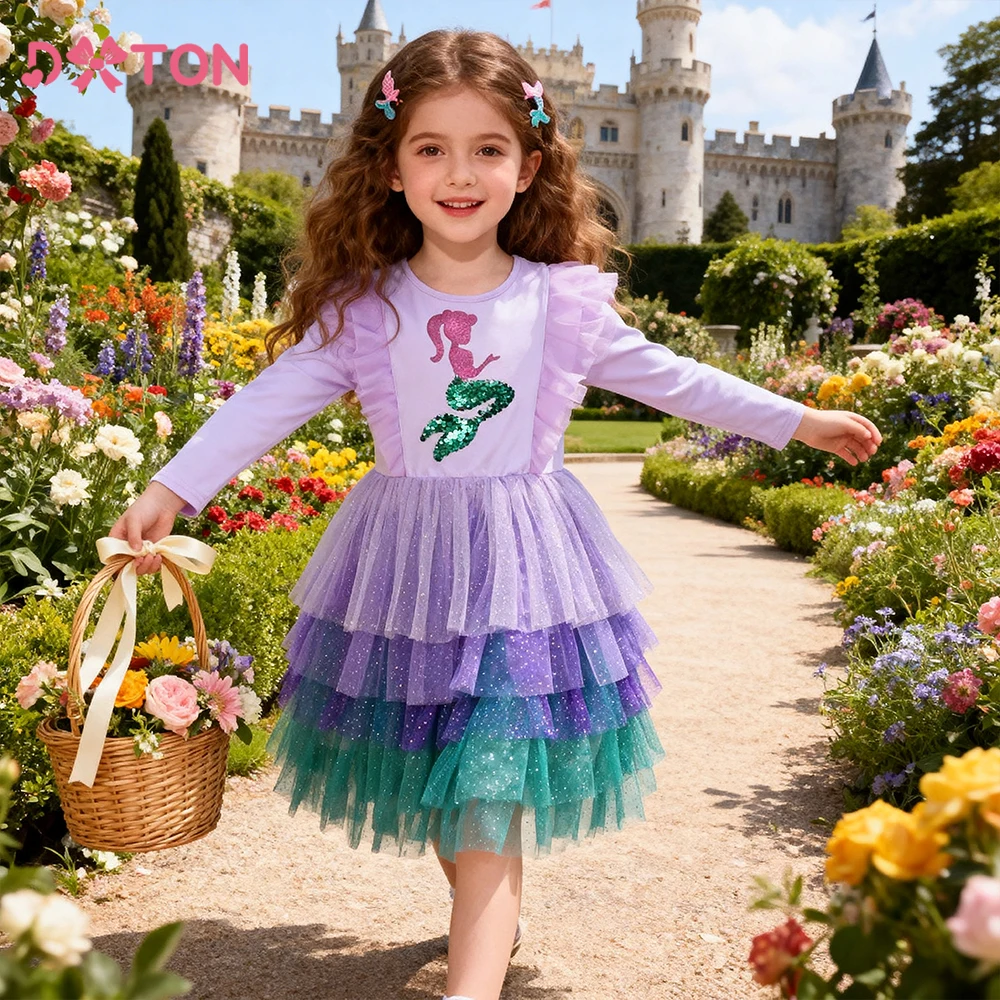

DXTON 2024 Girls Dresses Winter Children Birthday Party Costumes Mermaid Sequin Princess Tutu Dress Patchwork Toddler Mesh Dress