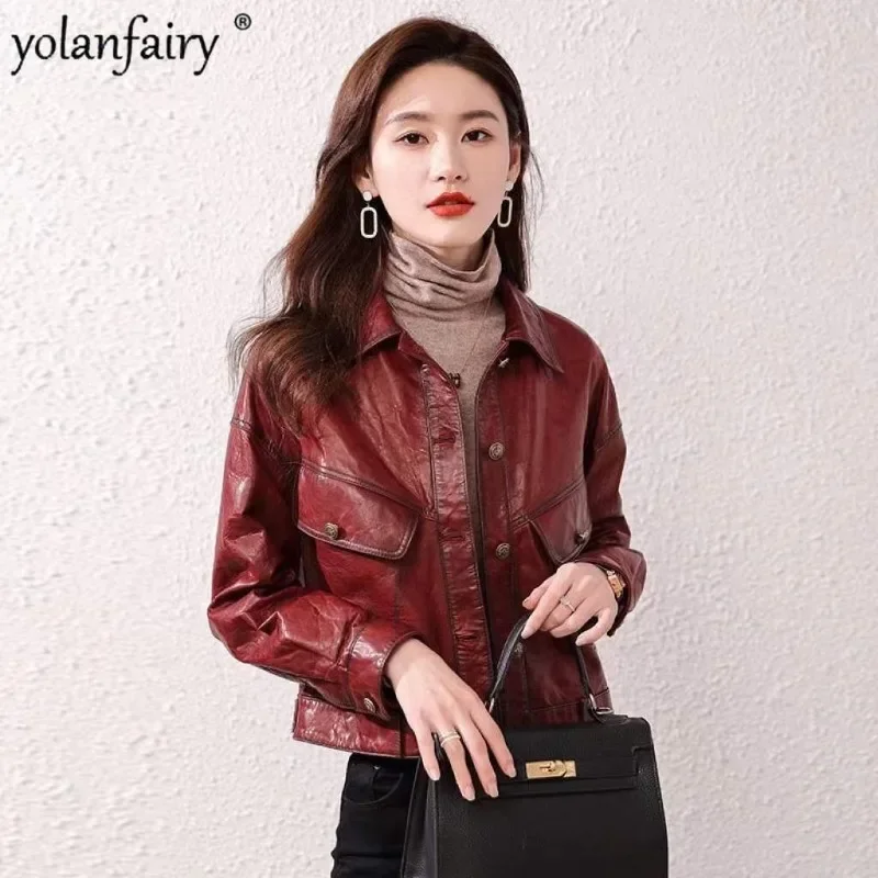 Spring Autumn Natural Leather Jacket Women 2023 Wine Red Fashion Real Sheepskin Oil Wax Leather Coat Female Clothing Veste Femme