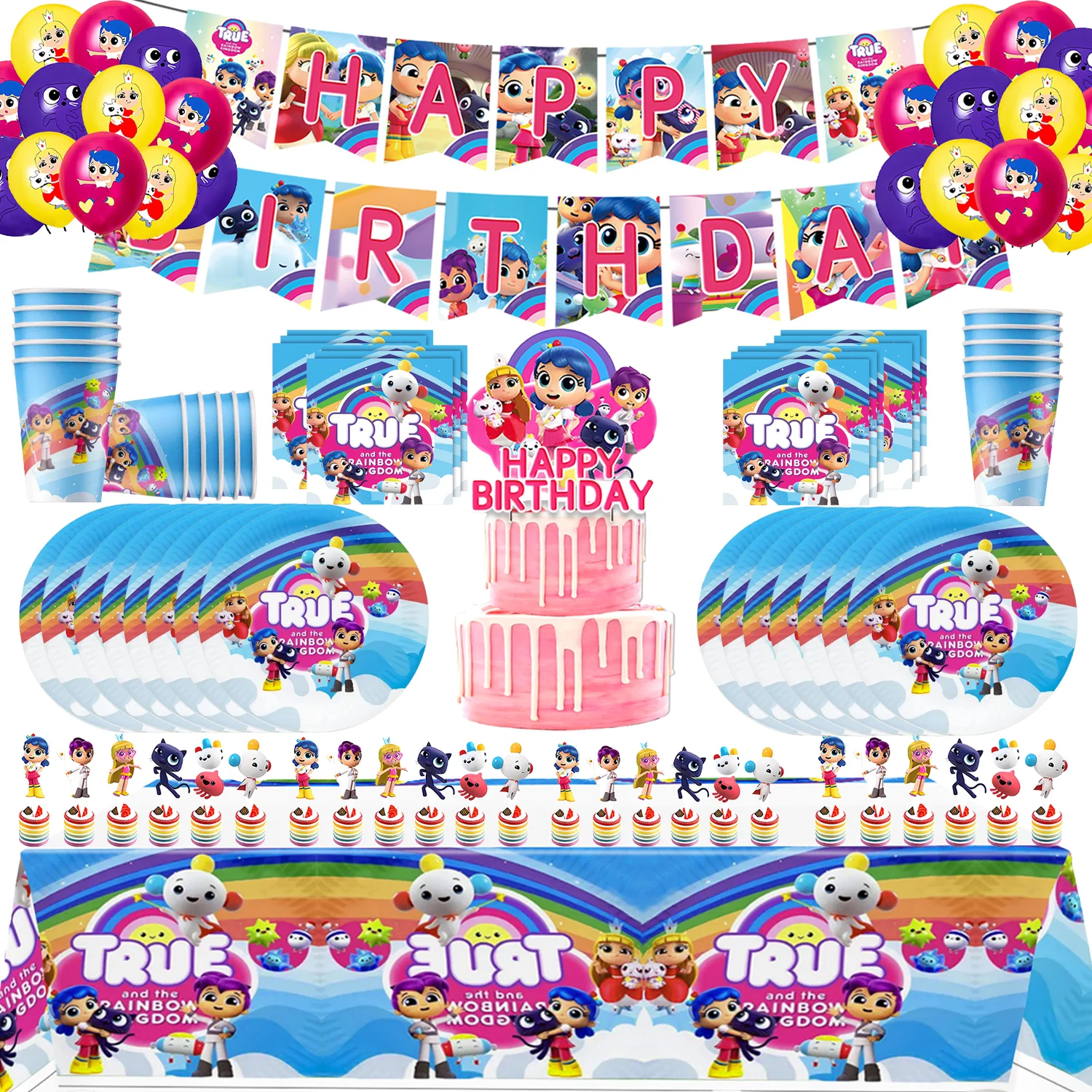 True Rainbow Kingdom Birthday Party Decoration Balloon Backdrop Banner Cake Topper Plate Cup Baby Shower Birthday Party Supplies