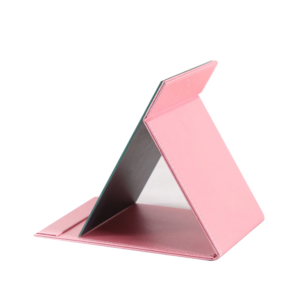 Large Pink PU Foldable Makeup Mirror Desktop Adjustable Stand Hands-Free Viewing Travel Beauty Accessory