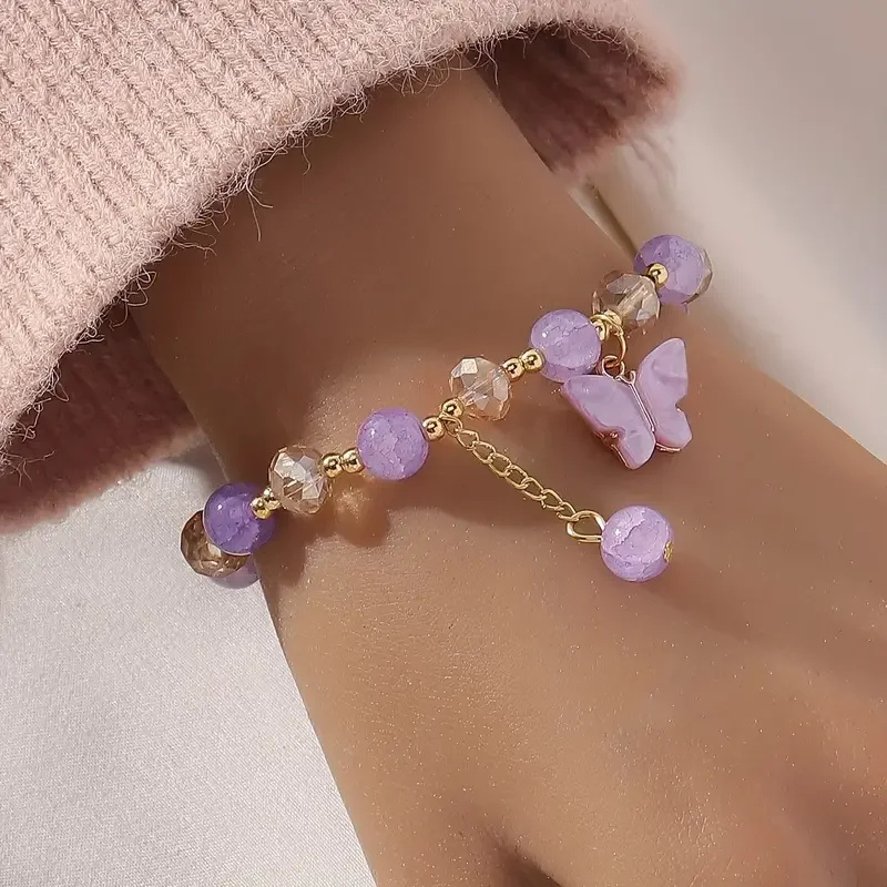 Purple Butterfly Charm Beaded Stretch Bracelet For Women Multi Color Crack Faceted Beads Round Charm Cute Girls Jewelry Gift