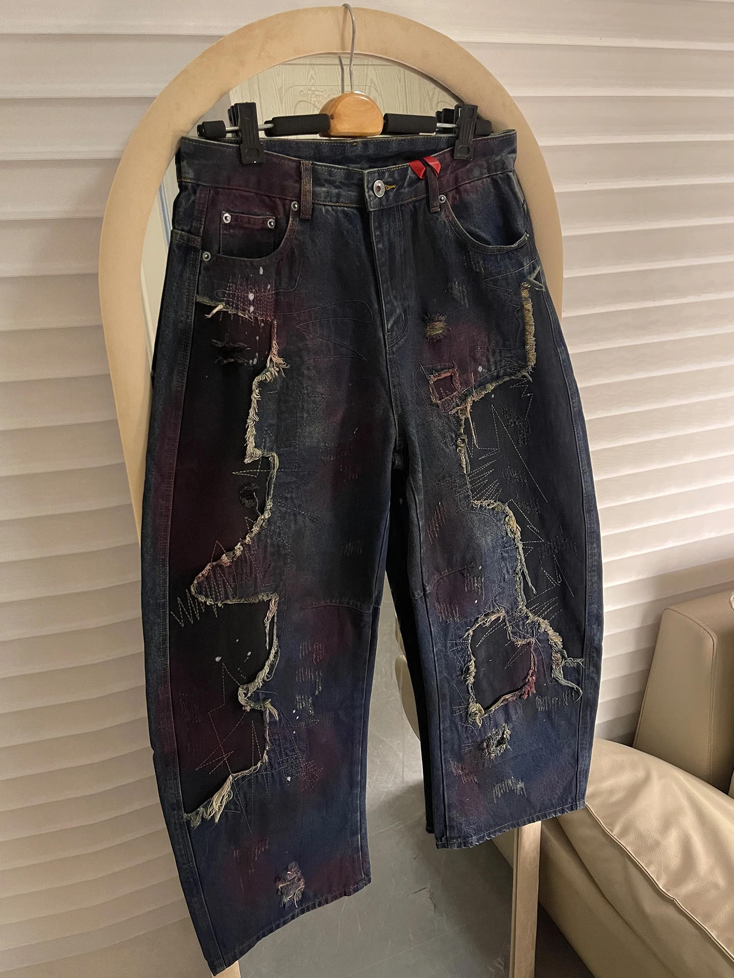 

Parisian Sle Heavy Du Patched Rust Spot Bent Knife Jeans Loose Straight Leg Wide Leg Pants for Men And Women Waed Denim