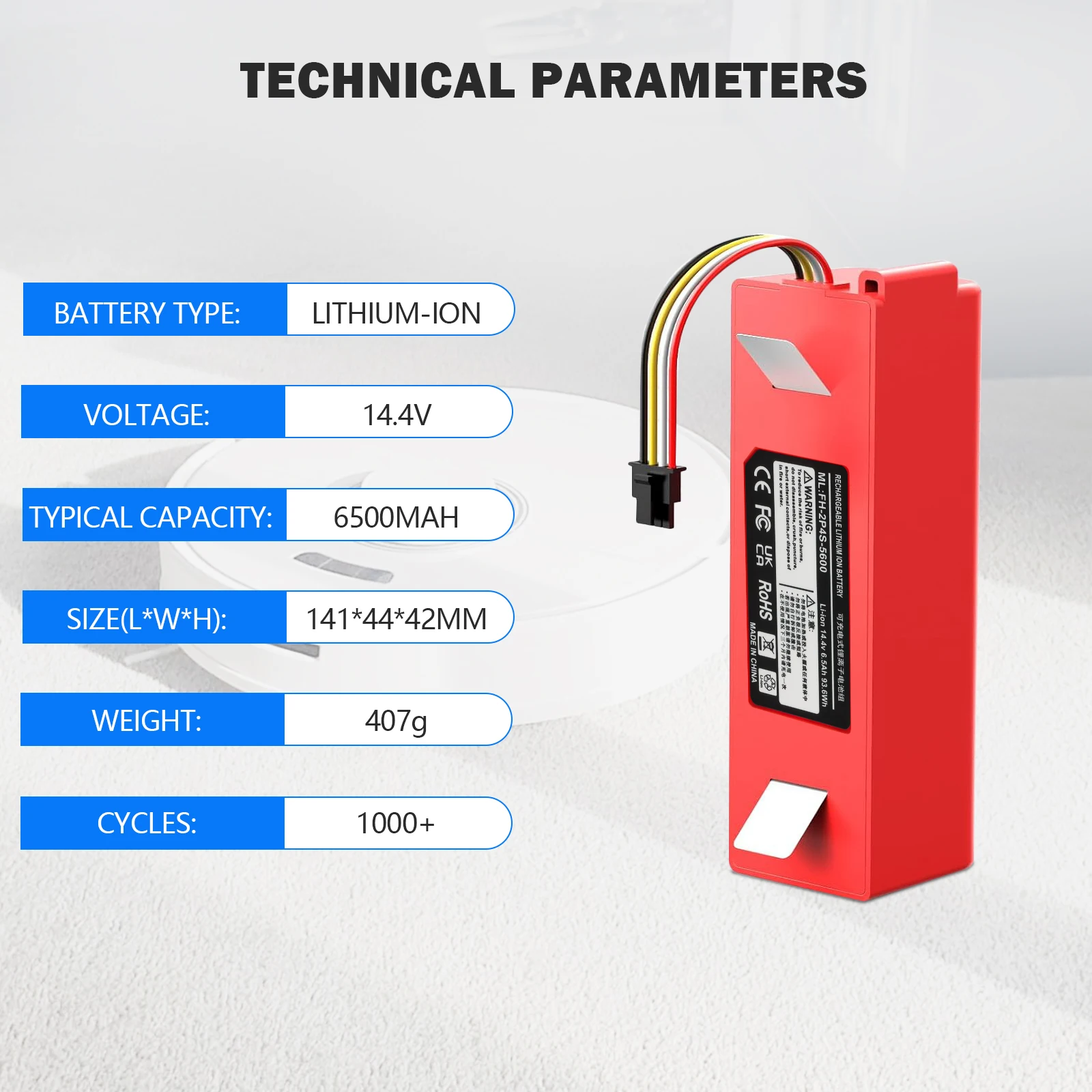 Oyomba BRR-2P4S 14,4 V 6500 mAh Roboter-Staubsauger-Ersatzakku für Xiaomi Roborock S55 S60 S65 S50 S51 S5 MAX S6 – Detail 2