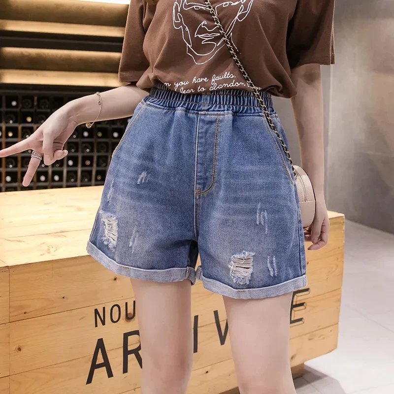 

Large Size Broken Hole Cowboy Shorts Women Thin Section Wide Loose Tight High Waist Skinny A Word Wide Leg Fattening Hollowing