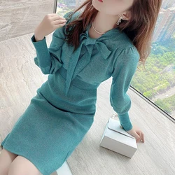 Fashion V-Neck Lace Up Bow Bright Silk Lantern Sleeve Mini Dress Female Clothing Autumn Winter New Loose Chic Knitted Dress