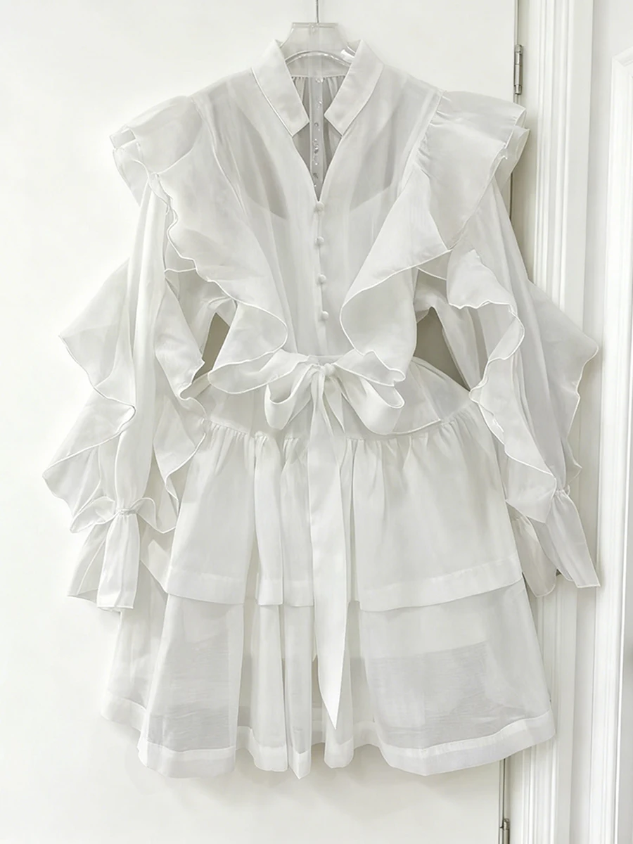 VGH الفرنسية الحلو المرقعة Bowknot فستان قصير للنساء الخامس الرقبة طويلة الأكمام عالية الخصر الكشكشة فساتين الشيفون الإناث ربيع جديد