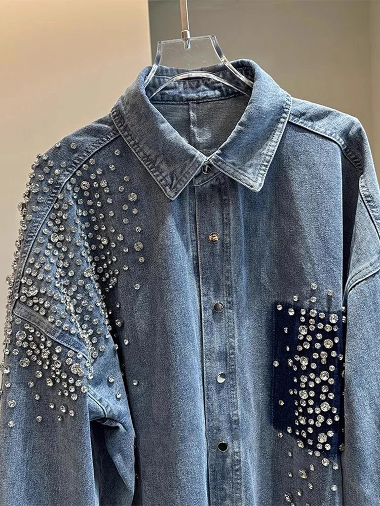 High Street Heavy Industry Rhinestone Blue Denim Jacket Shirt Loose Casual Jean Jacket 2024 Spring Autumn New Women\'s Clothing