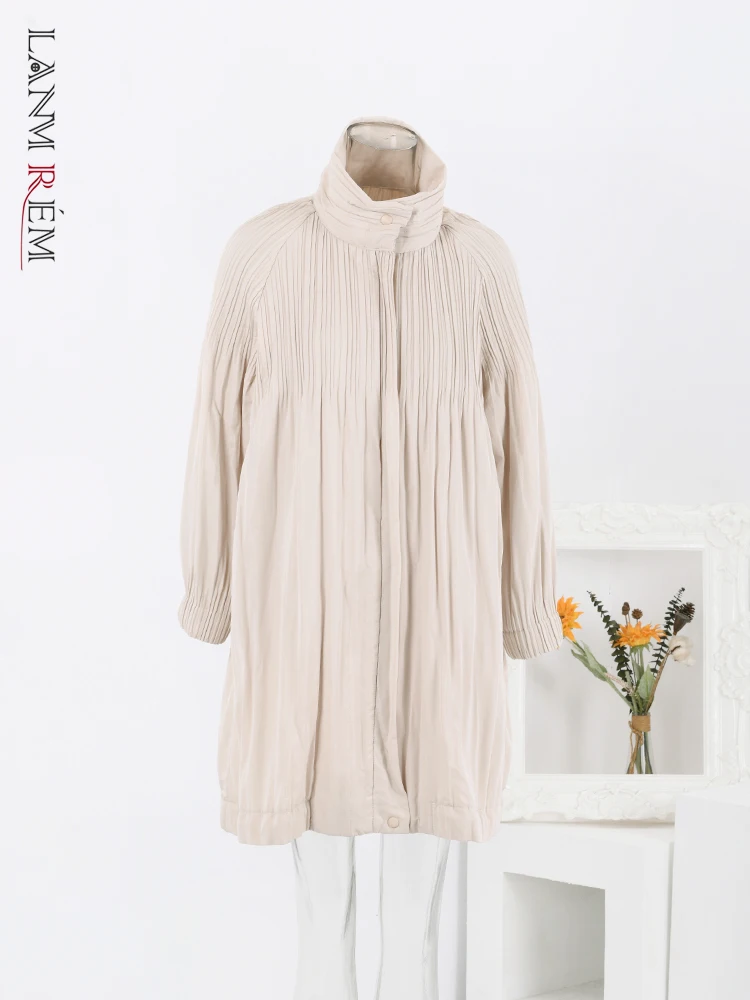 LANMREM Pleated Casual Winter Cotton Coat For Women Stand Collar Solid Color Mid Length Clothing Fashion 2024 New 32C385