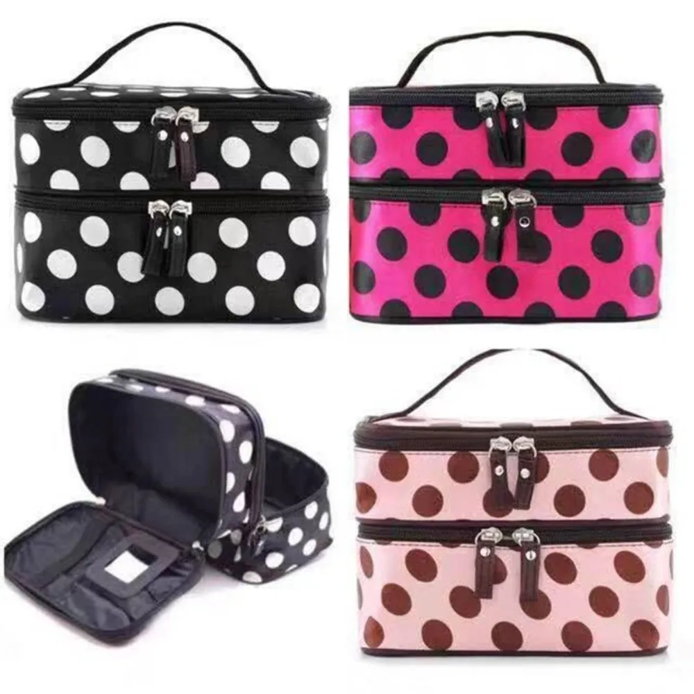 Fashion Double-layer Makeup Bag Polka Dots Large Capacity Toiletry Bag Portable Travel Makeup Case Toiletry Bag