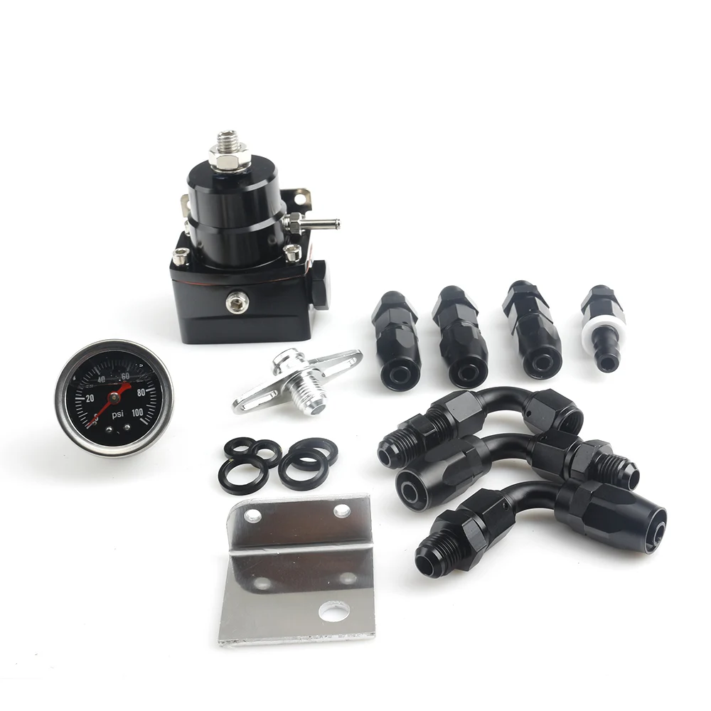 Universal Adjustable Fuel Pressure Regulator FPR Kit Gas/100psi Guage AN6 Fitting Black