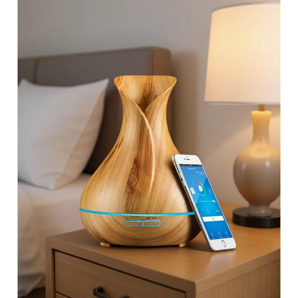 

Умный Wi-Fi увлажнитель воздуха и диффузор для эфирных масел с голосовым управлением через приложение, 400 мл, ультразвуковой, темно-коричневый