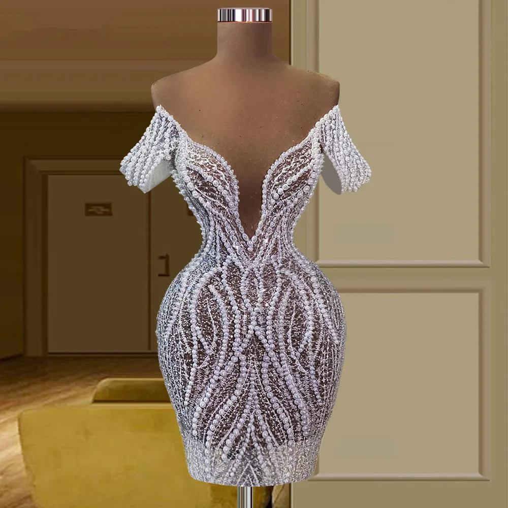 

Luxury Cocktail Dresses Sheath Off The Shoulder Short Mini Pearls Homecoming Dresses Haute Couture