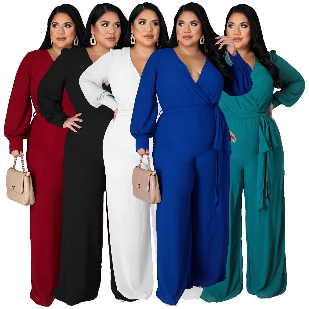 

European and American Fashion Large Size Women's Clothing with Loose Straight Solid Color Belted Jumpsuits