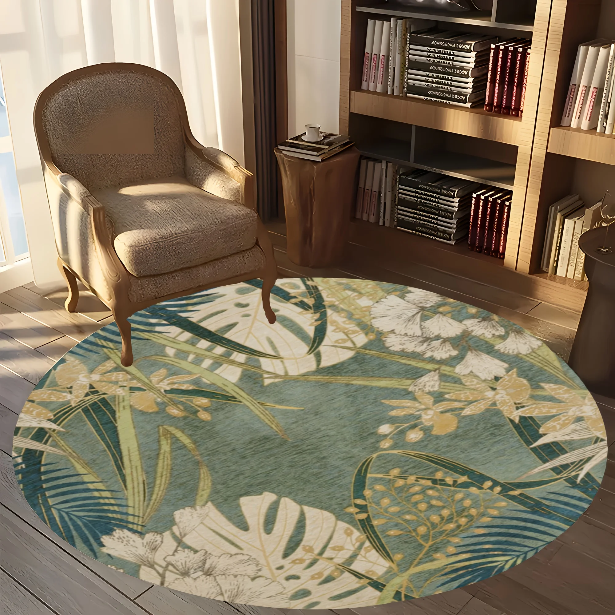 High-Definition Printed Round Carpet Featuring Tropical Plant Flowers, Double-Locked Edges, Suitable for Bathrooms, Game Rooms, Living Rooms, And Bedrooms, And Machine Washable