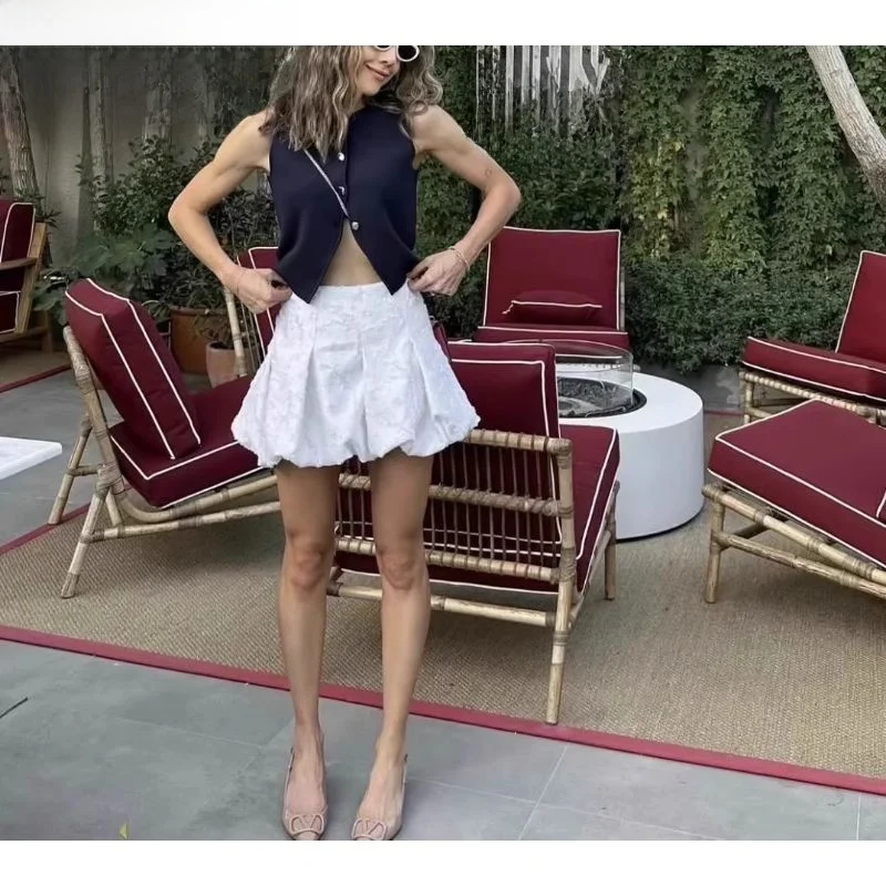 春夏新作 スイートプリーツ装飾 パフヘム ハイウエスト 刺繍入り ランタンスカート オルト丈 その他素材 00%