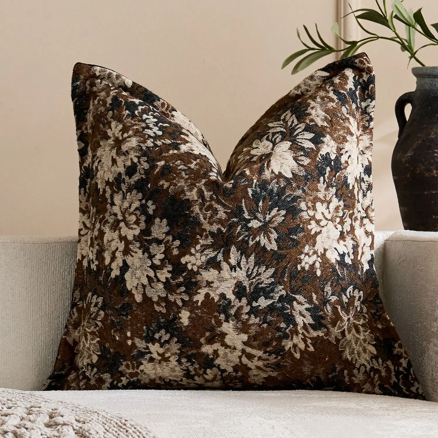 Vintage Retro Floral Cushion Cover with Border, Coffee Brown Decorative Pillow Case 30x50cm & 45x45cm for Cozy Home Sofa Decor