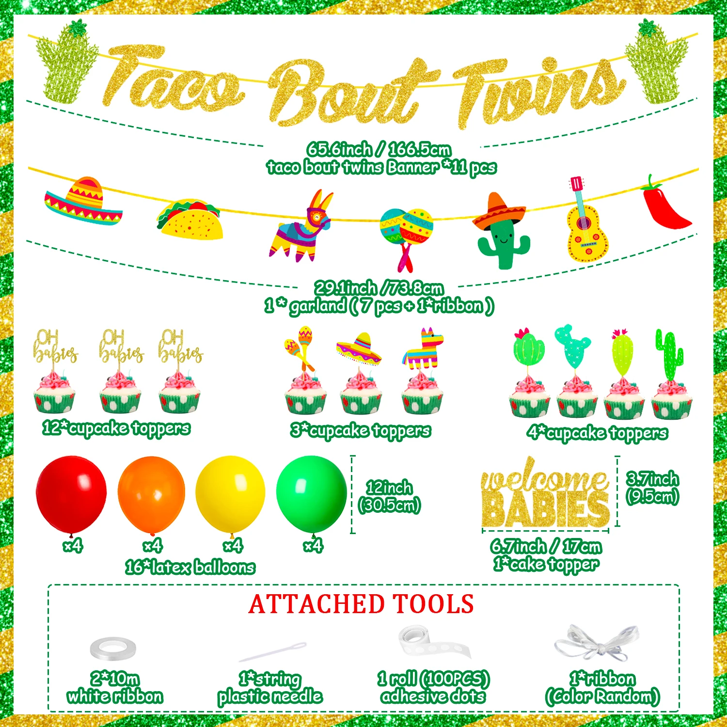 Funmemoir Taco Bout Twins Mexican Baby Shower Decorations Taco Bout Twins Banner Cactus Foil Balloons Welcome Baby Cake Topper