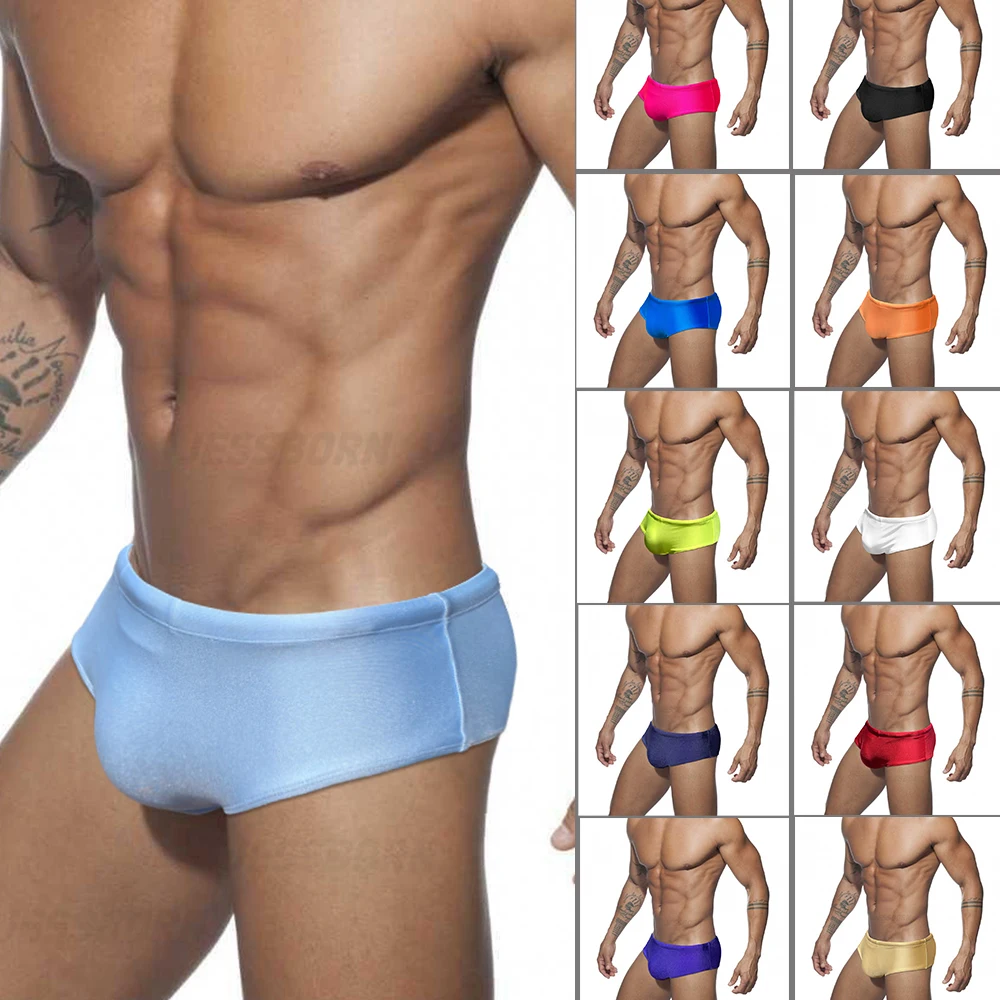 Men's Swimming Solid Color Boxer Briefs Swimming Shorts Shiny Fashion Sexy Low Waist Boxer Briefs Anti-Awkward Beach Swimwear