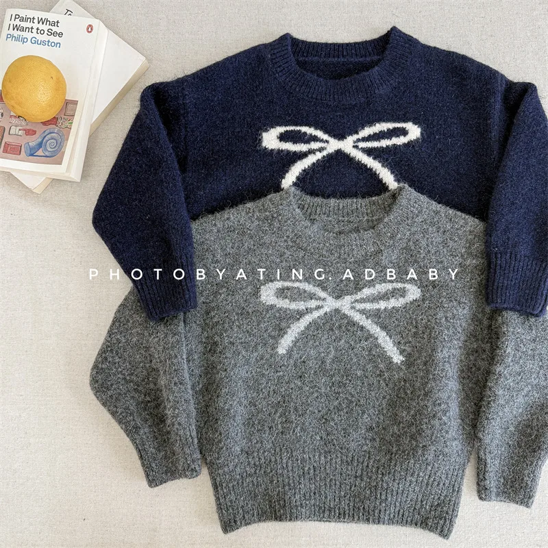 

2025 Winter New Children Long Sleeve Sweater Cotton Baby Girls Cute Bow Knitted Pullover Thick Warm Boys Knitwear Kids Clothes