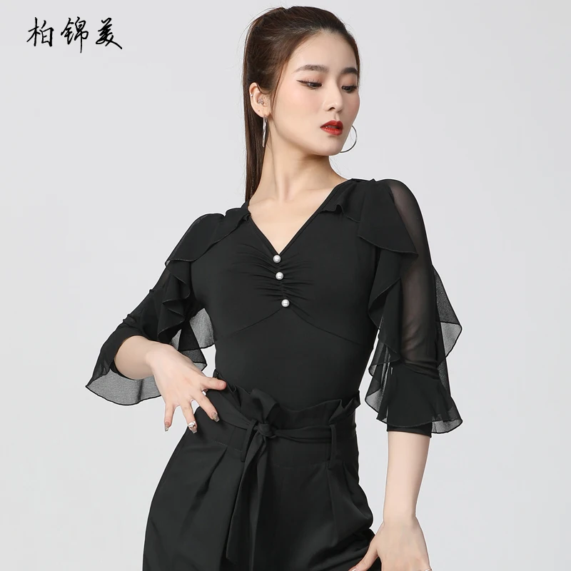 Latin Dance Top Female Adult New Lotus Leaf Sleeve Costume Ballroom Dance Modern Dance Performance Ballroom Dance Practice Dress