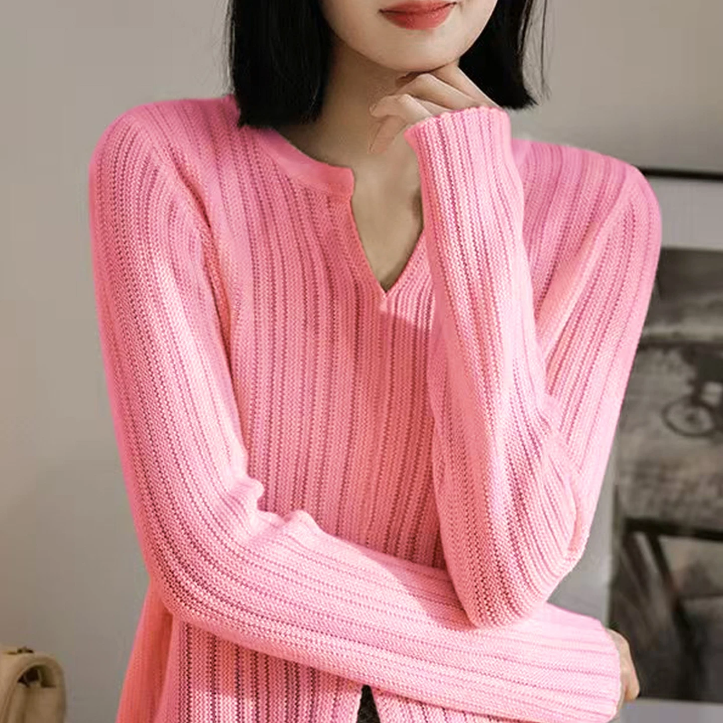 100 Percent Wool French Style Womens Slim Fit Hollow Out Striped Long Sleeve Knitted Sweater U Neck Autumn Winter Fashion Top
