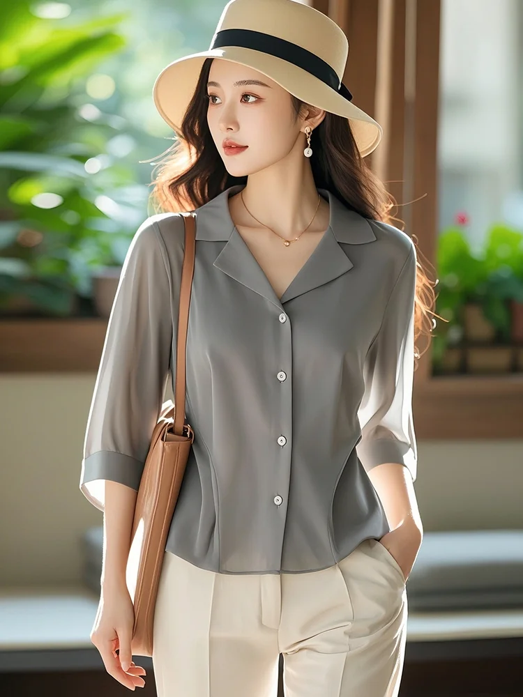 French Light Luxury Lapel Grey Half Sleeved Chiffon Shirt Women's Design Summer Chic Top
