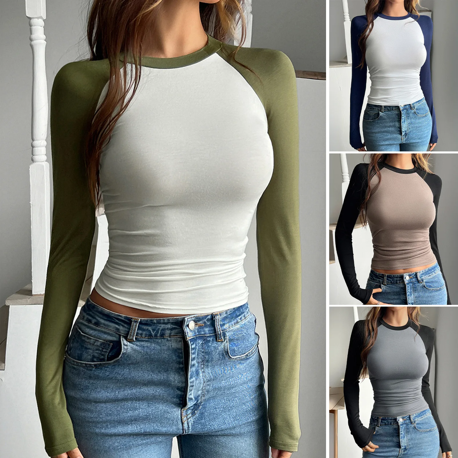 2025 Spring Summer Women's Base Shirt Slim Fit Contrast Long Sleeve Tops for Women O Neck Y2k Sexy Knitted Pullovers Lady Tshirt