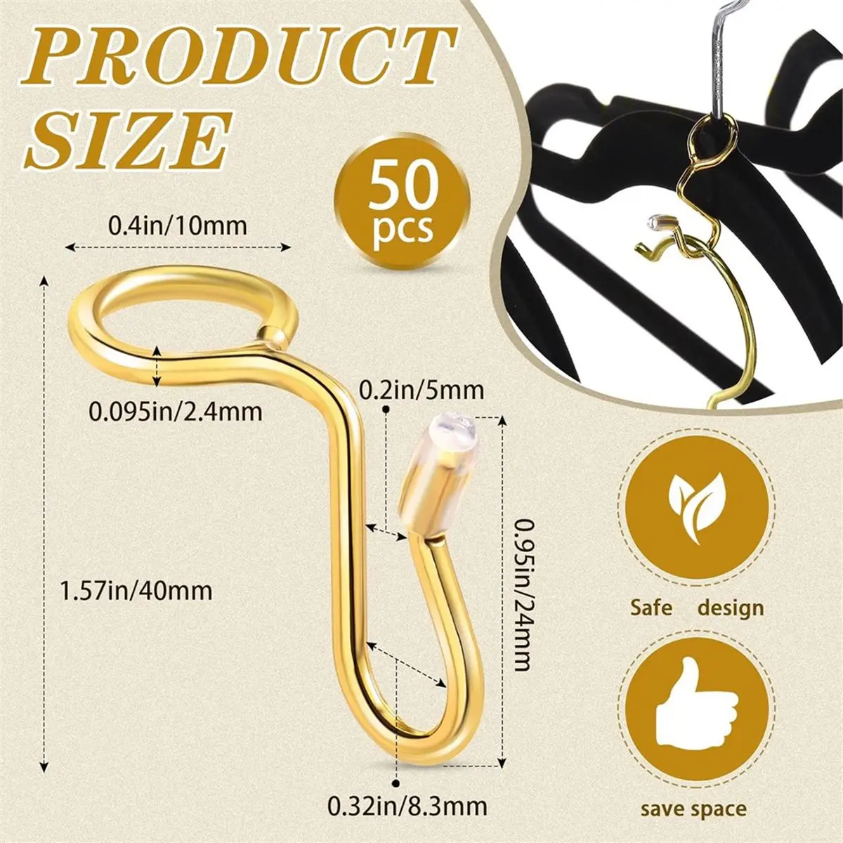 50 Pieces Clothes Hanger Connector Hooks, Metal Clips Extender Hooks for Velvet Hangers Closet Space Saving(Gold)
