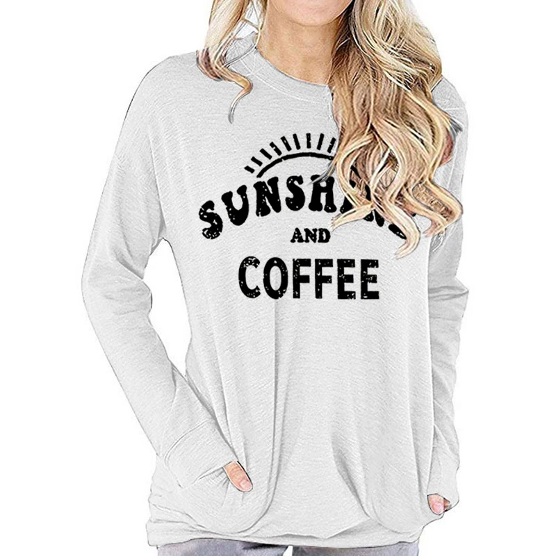 Women's Long Sleeve Top Sunshine and Coffee Graphic T Shirts Women Coffee Lover Gift Long-sleeved T-shirt Positive Casual Tops