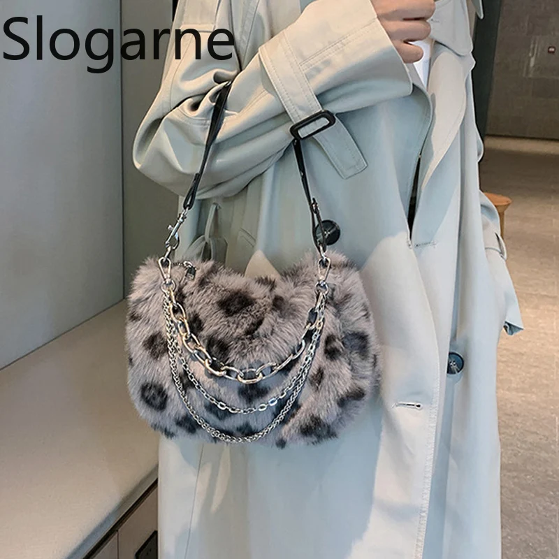 موضة ليوبارد حقيبة المرأة السنة الجديدة هدية أرنب فو الفراء حقيبة يد السيدات الشتاء رقيق حقائب كتف فروي حقائب بيد علوية مخلب