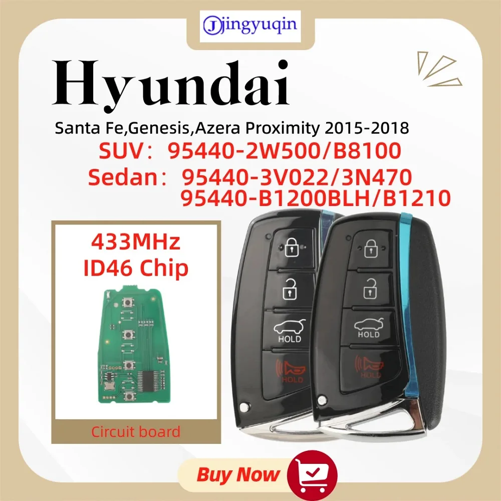 

jingyuqin 4 кнопки, 433 МГц, чип ID46 для Hyundai Santa Fe Genesis Azera Proximity 2015-2018, смарт-карта, пульт дистанционного управления, автомобильный ключ