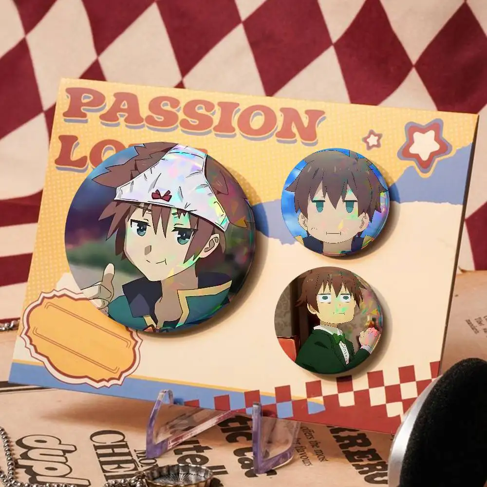 Anime Kazuma Satou For Badge Laser Holographic Custom Badge Image Metal Lapel Pin Brooch For Clothing Backpack Decorative