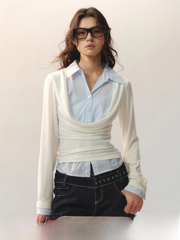 

Женская приталенная футболка с воротником-шалью из лиоцелла и шерсти, весна 2026, повседневный стиль, длинный рукав, стандартная длина, производство Китай