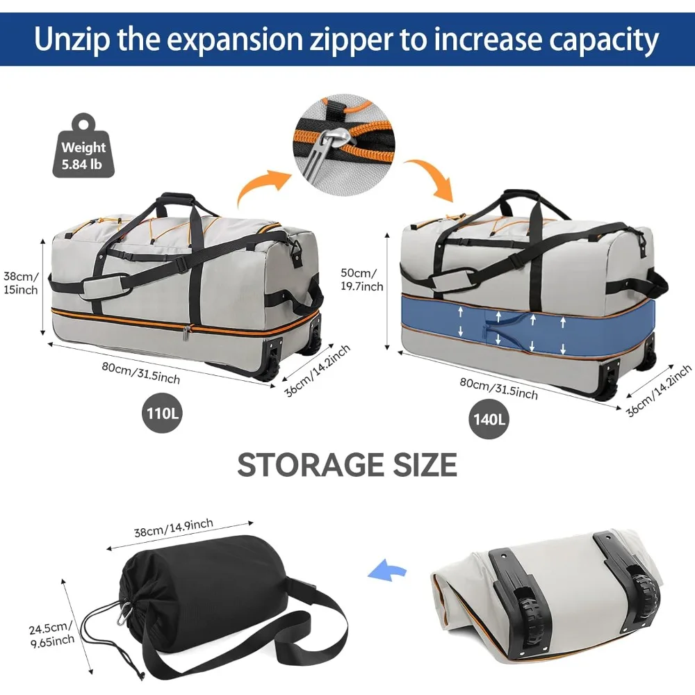 حقيبة دفل دوارة قابلة للتوسيع 110 لتر إلى 140 لتر، 32 جانبًا ناعمة مع عجلتين، 3 حجرات، قابلة للتعديل للسفر