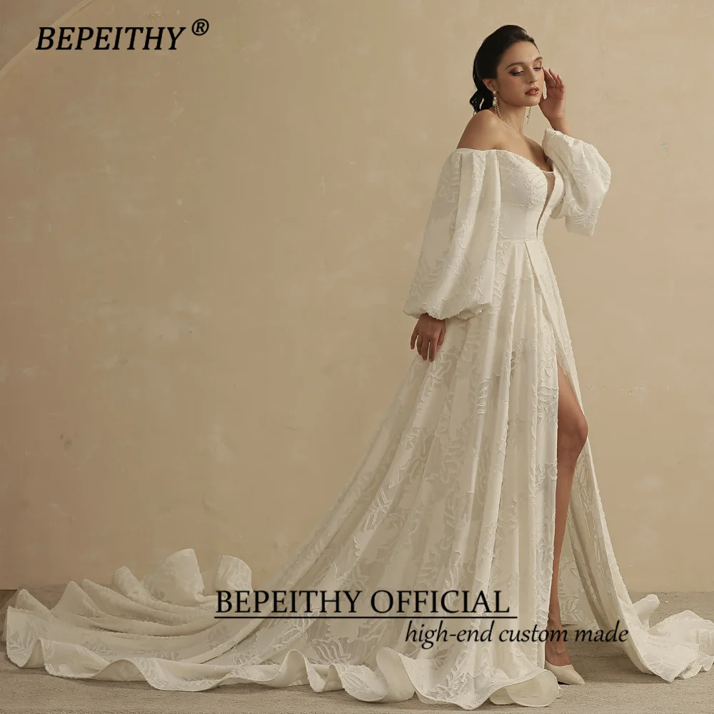 BEPEITHY-Vestidos de Novia de encaje con bolsillos para mujer, de manga larga abullonada traje Sexy, estilo bohemio, 2022