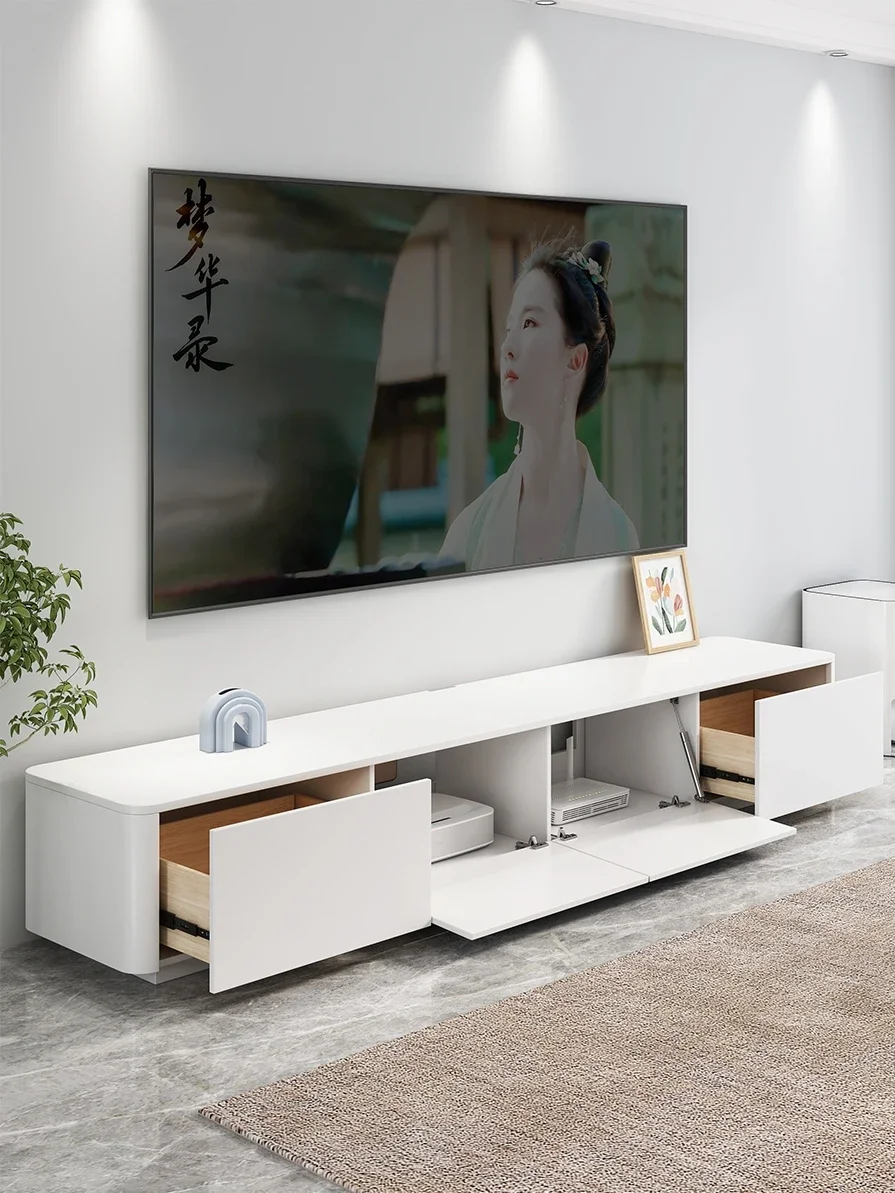 TV cabinet modern and simple solid wood living room, home paint, cream style, minimalist white rounded corner, floor standing TV